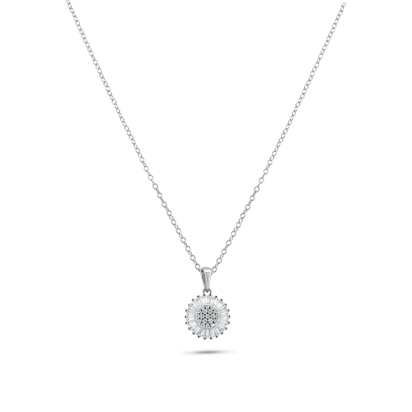 925 Sterling Silver Rhodium Plated Clear Cluster and Baguette CZ Flower Pendant Necklace
