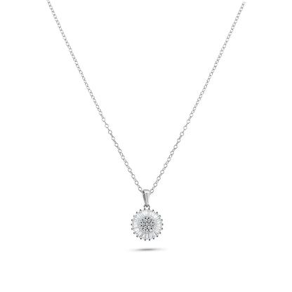 925 Sterling Silver Rhodium Plated Clear Cluster and Baguette CZ Flower Pendant Necklace