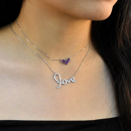 925 Sterling Silver Rhodium Plated Clear CZ Love Pendant Necklace