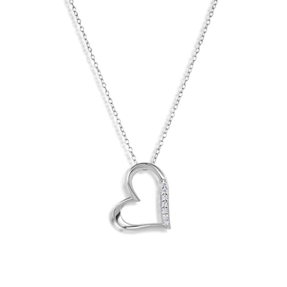 925 Sterling Silver Rhodium Plated Slanted Heart Pendant Necklace