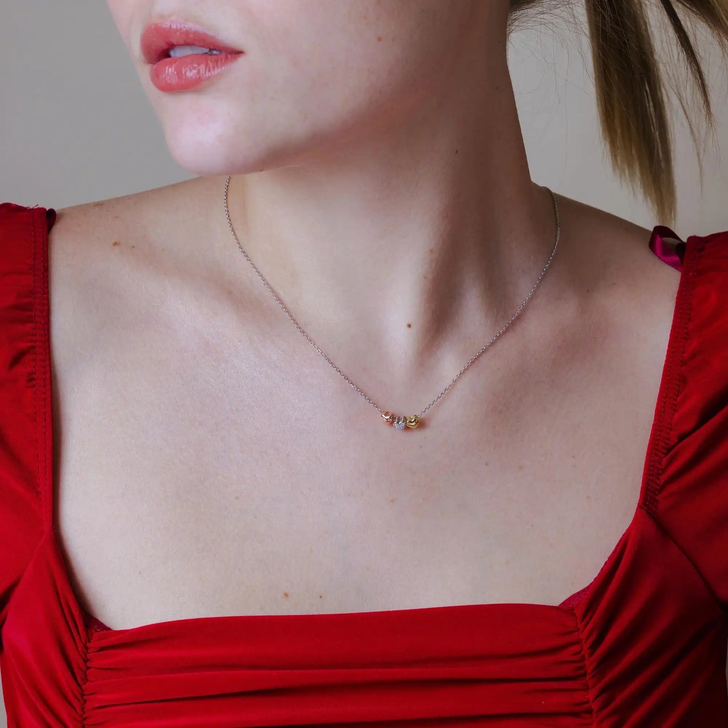 925 Sterling Silver Three-Tone Heart Charms Necklace