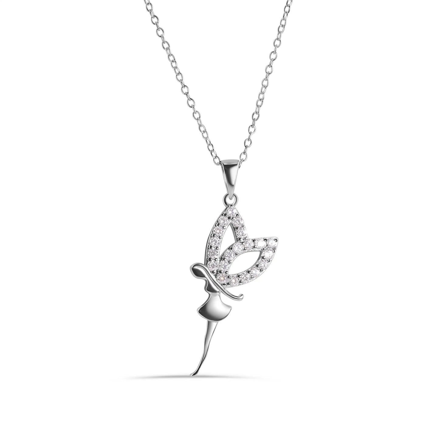 925 Sterling Silver Rhodium Plated Fairy with Clear CZ Wings Adjustable Necklace