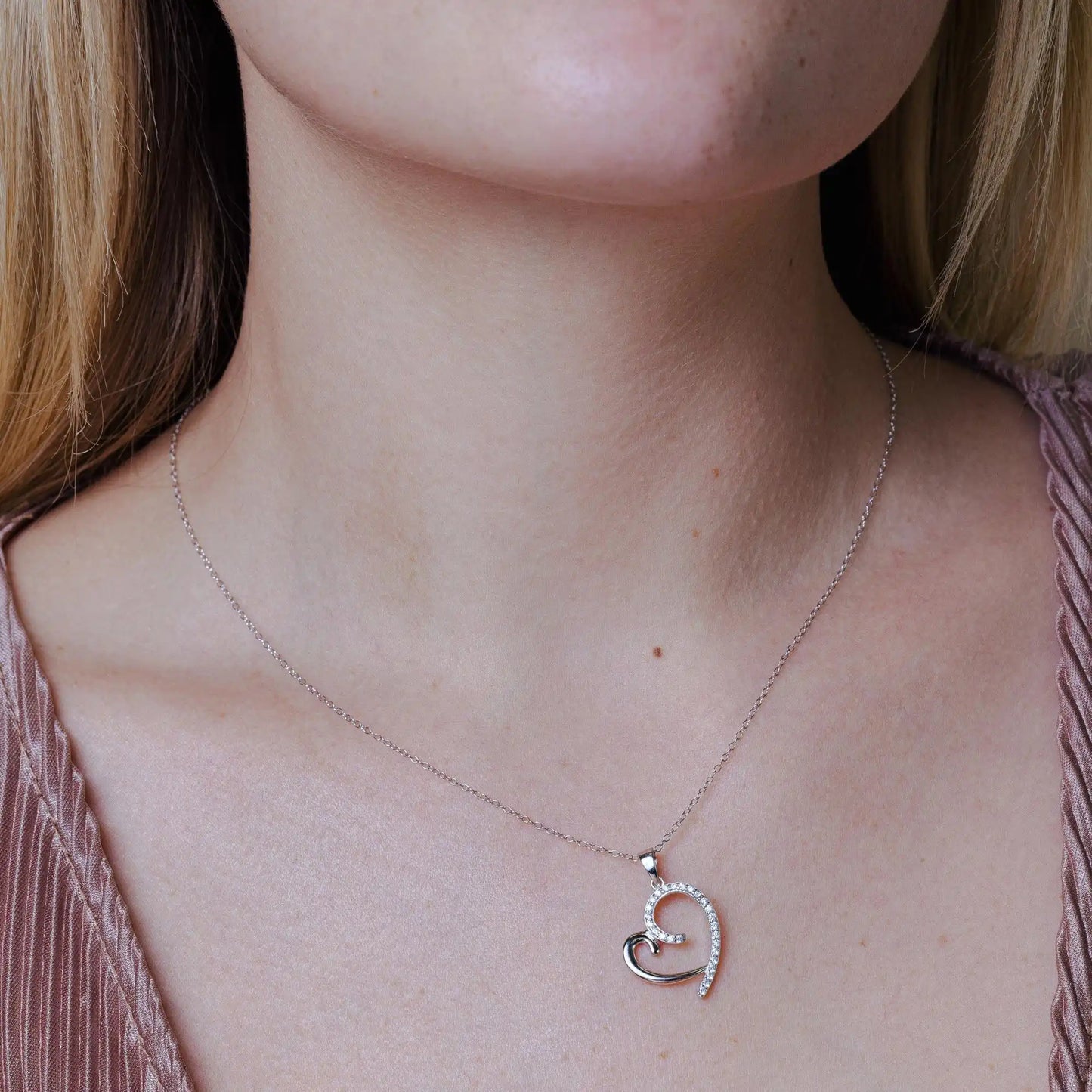 925 Sterling Silver Rhodium Plated Curved Open Heart CZ Necklace