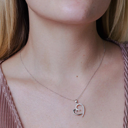 925 Sterling Silver Rhodium Plated Curved Open Heart CZ Necklace