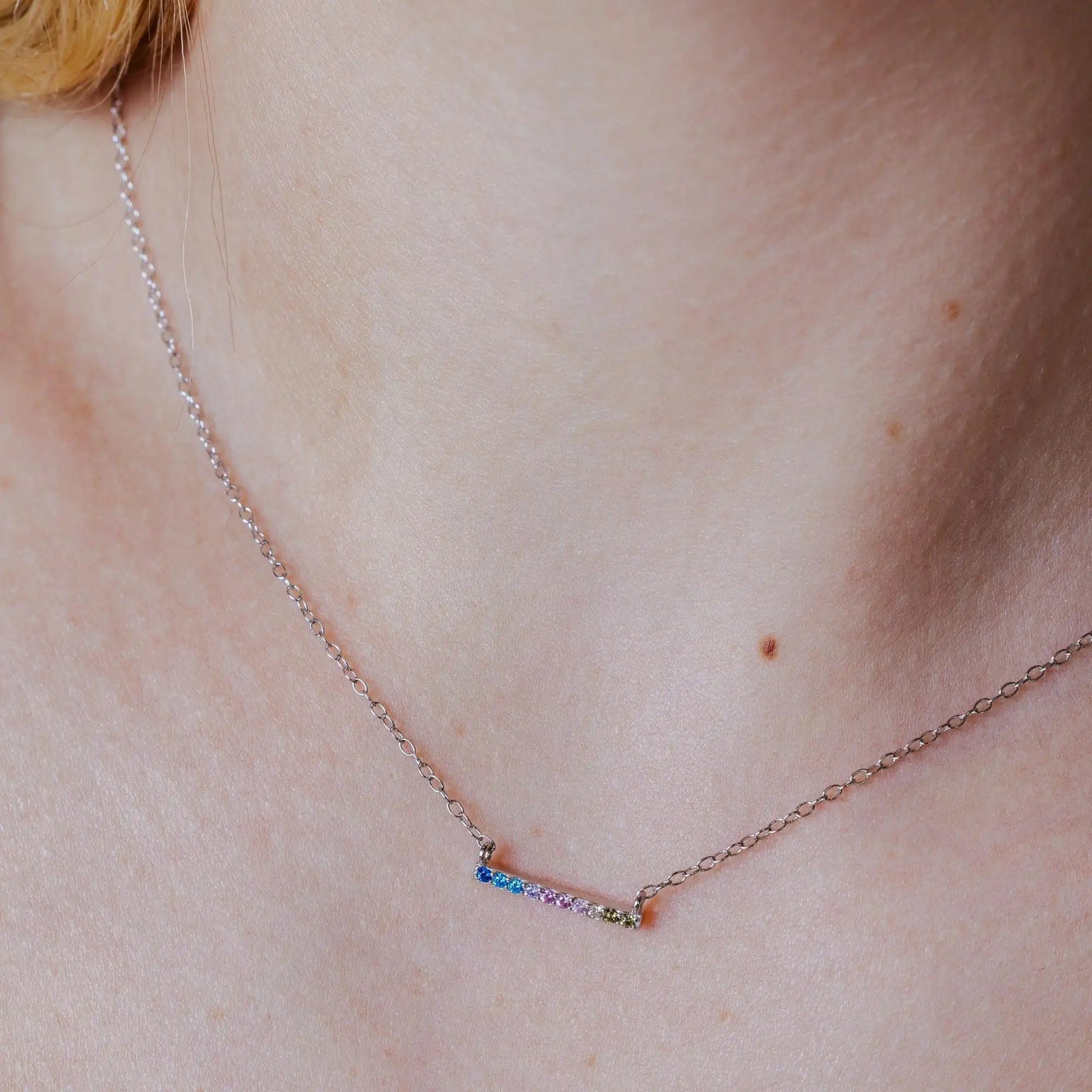 925 Sterling Silver Rhodium Plated Rainbow Multi Color CZ Bar Necklace & Earring Set