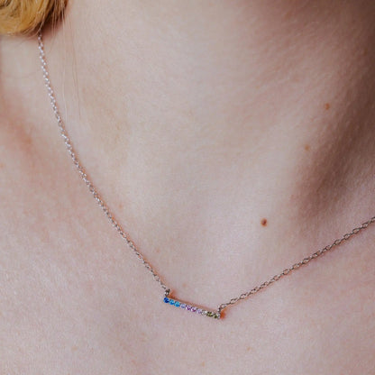 925 Sterling Silver Rhodium Plated Rainbow Multi Color CZ Bar Necklace & Earring Set