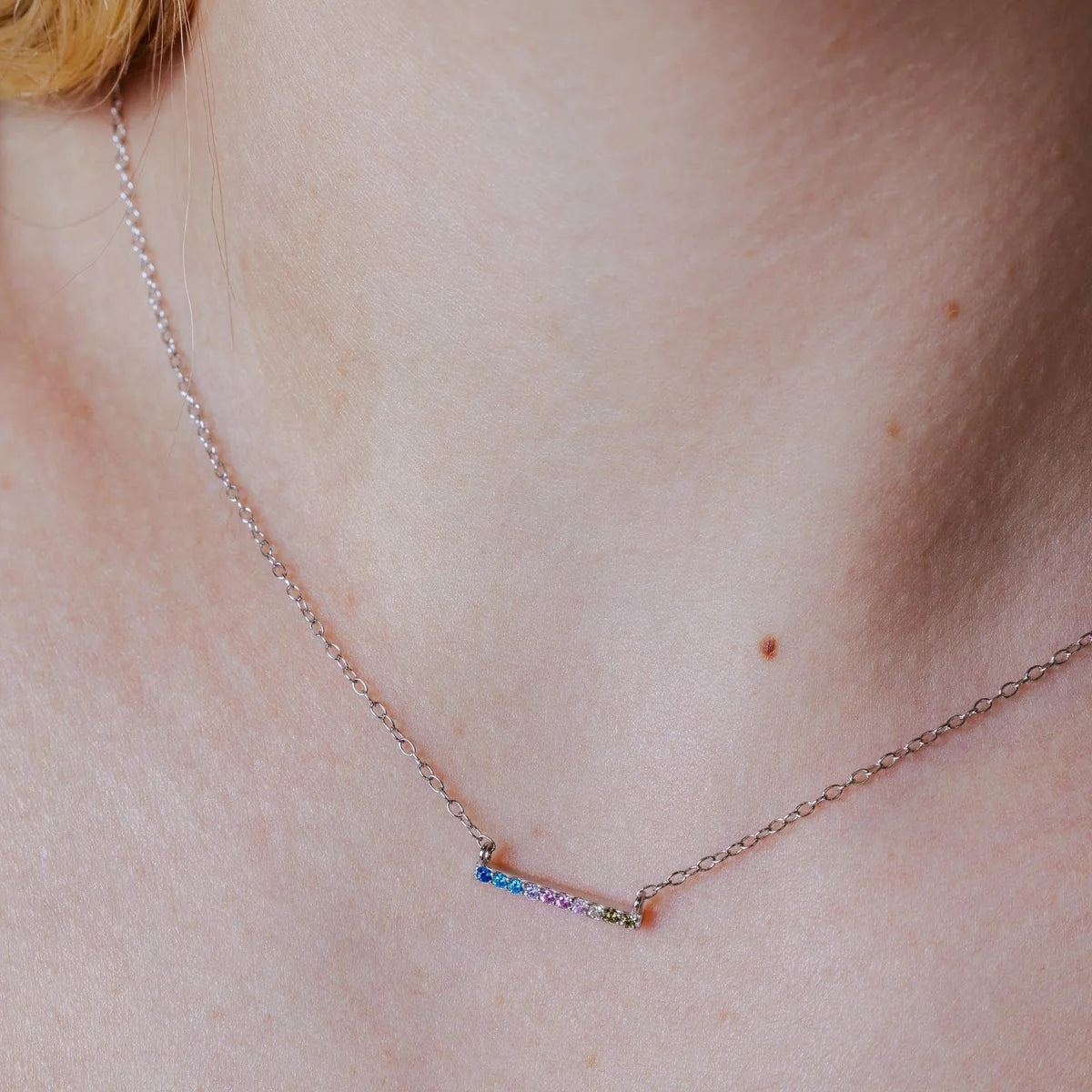 925 Sterling Silver Rhodium Plated Rainbow Multi Color CZ Bar Necklace