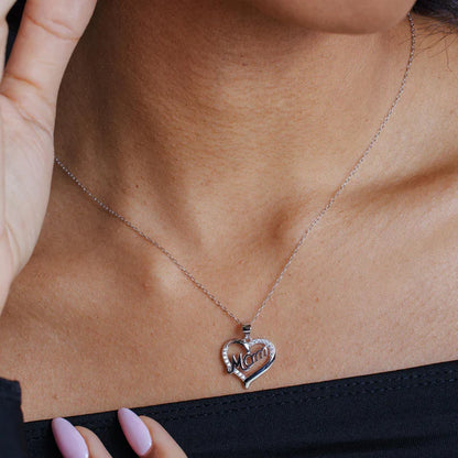 925 Sterling Silver Rhodium Plated Clear CZ Heart MOM Necklace