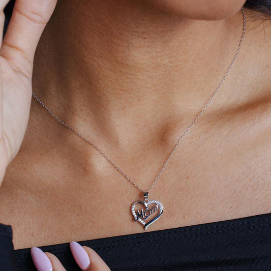 925 Sterling Silver Rhodium Plated Clear CZ Heart MOM Necklace