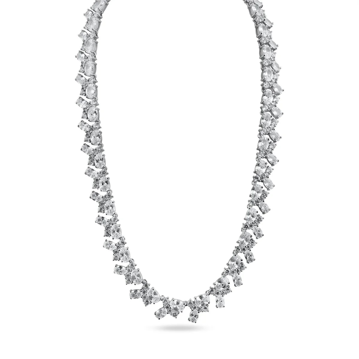 925 Sterling Silver Rhodium Plated Multi Shape Clear CZ Tennis Necklace