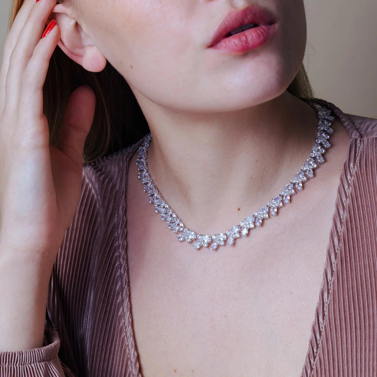 925 Sterling Silver Rhodium Plated Multi Shape Clear CZ Tennis Necklace