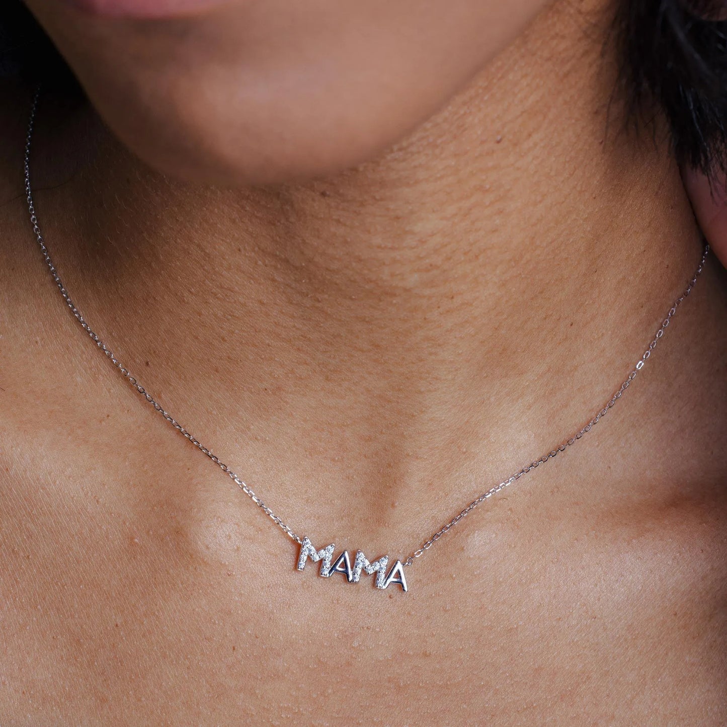 925 Sterling Silver Rhodium Plated MAMA CZ Necklace