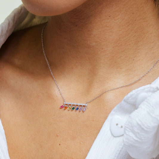 925 Sterling Silver Rhodium Plated Multi Color Dangling CZ Necklace
