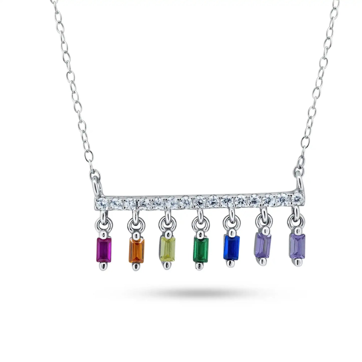 925 Sterling Silver Rhodium Plated Multi Color Dangling CZ Necklace