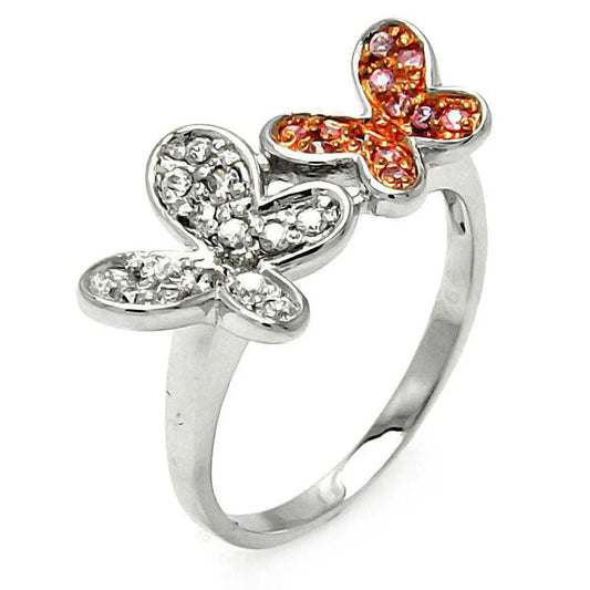 925 Sterling Silver Clearance Rhodium and Rose Gold Plated Pink and Clear CZ Butterfly Ring