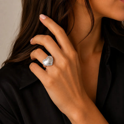 925 Silver Clearance- Rhodium PLated Hammered Chunky CZ Heart Ring