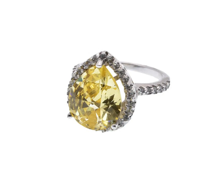 925 Sterling Silver Rhodium Plated Yellow Center Clear Cluster CZ Ring