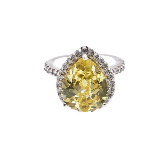 925 Sterling Silver Rhodium Plated Yellow Center Clear Cluster CZ Ring