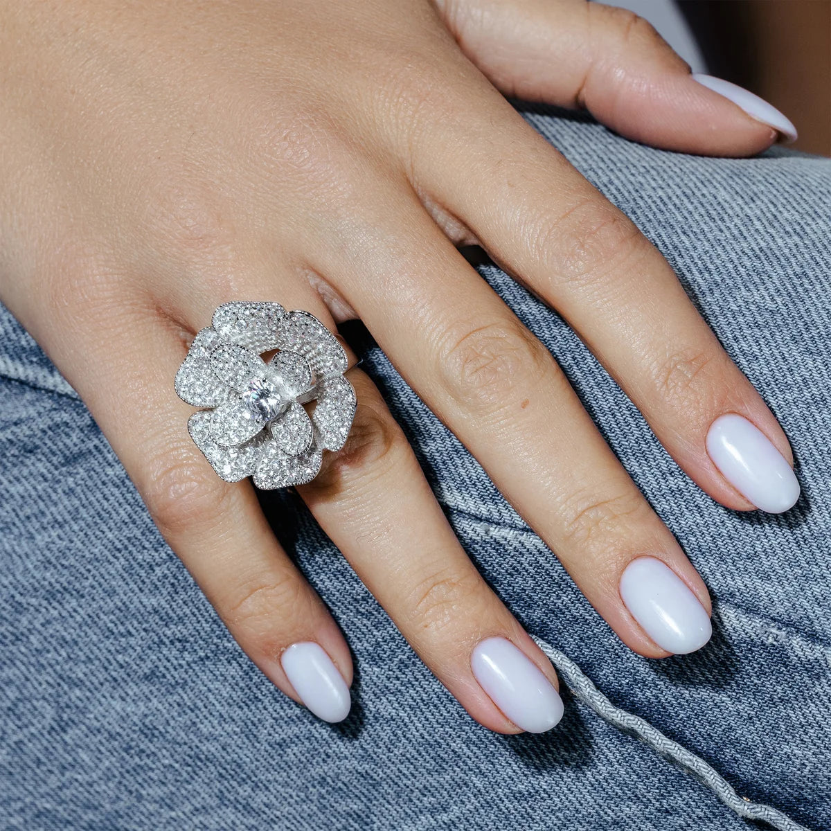 925 Sterling Silver Clearance-Rhodium and Black Rhodium Plated Black or Clear CZ Pave Flower Ring