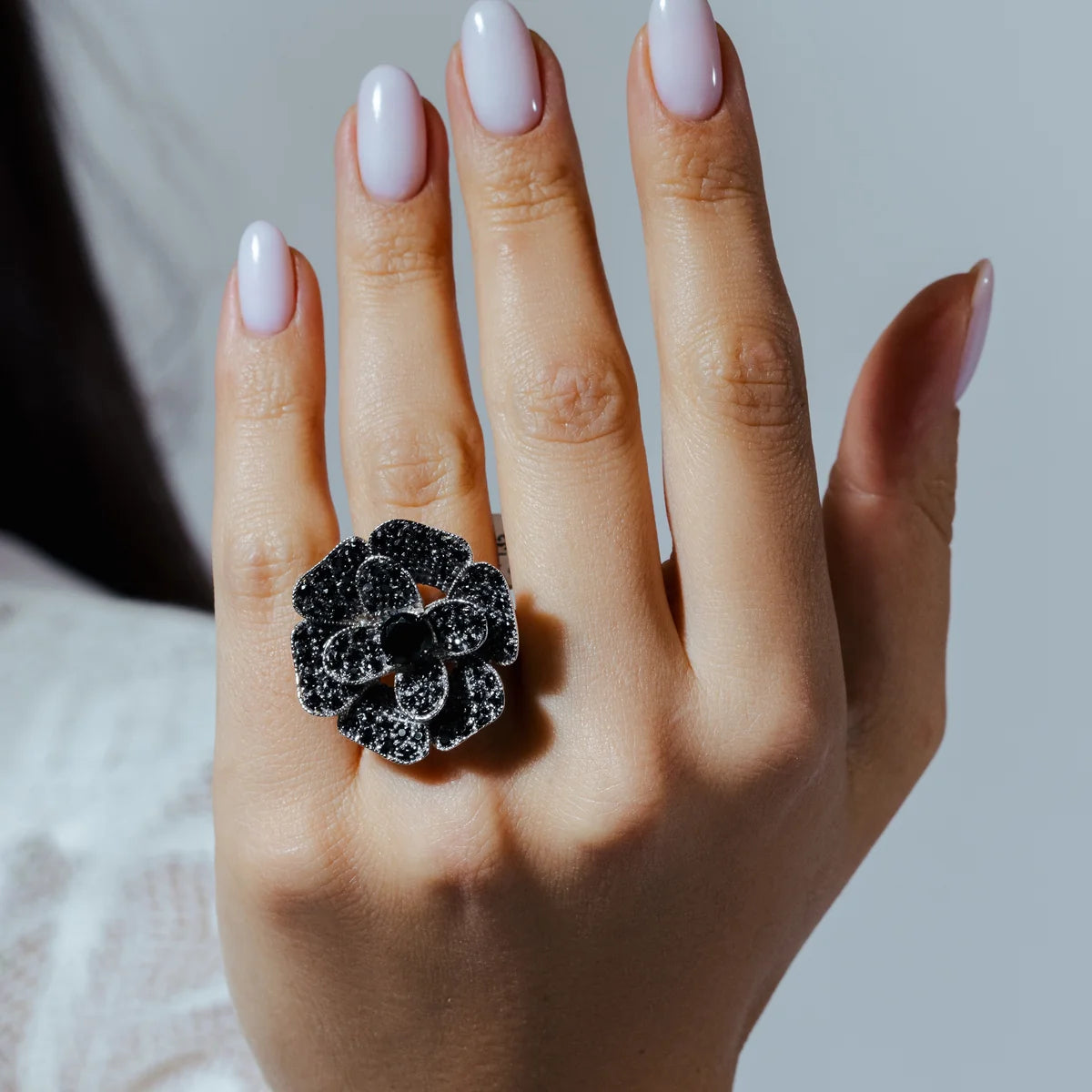 925 Sterling Silver Clearance-Rhodium and Black Rhodium Plated Black or Clear CZ Pave Flower Ring