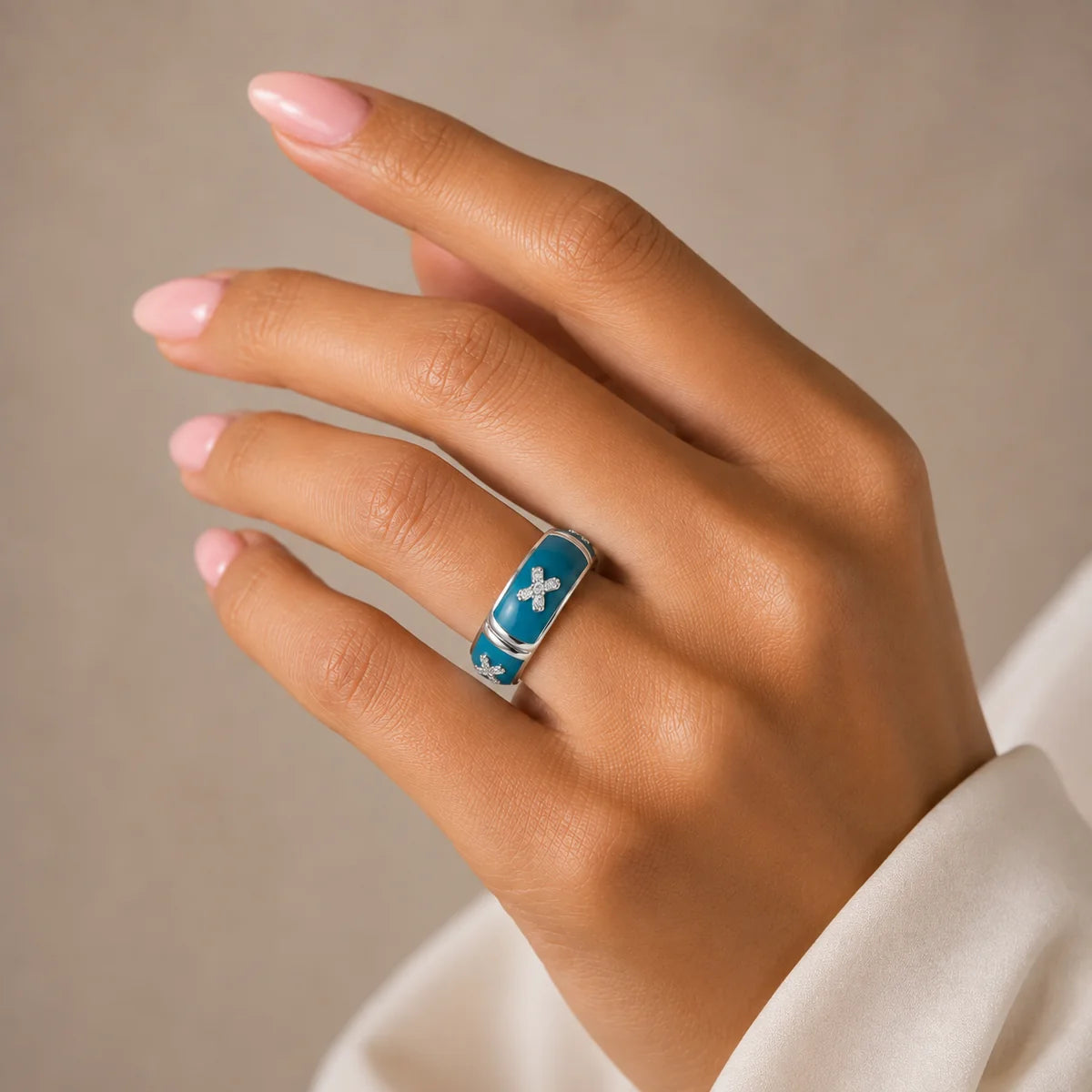 925 Silver Clearance - Rhodium Plated Turquoise Enamel CZ Eternity Ring