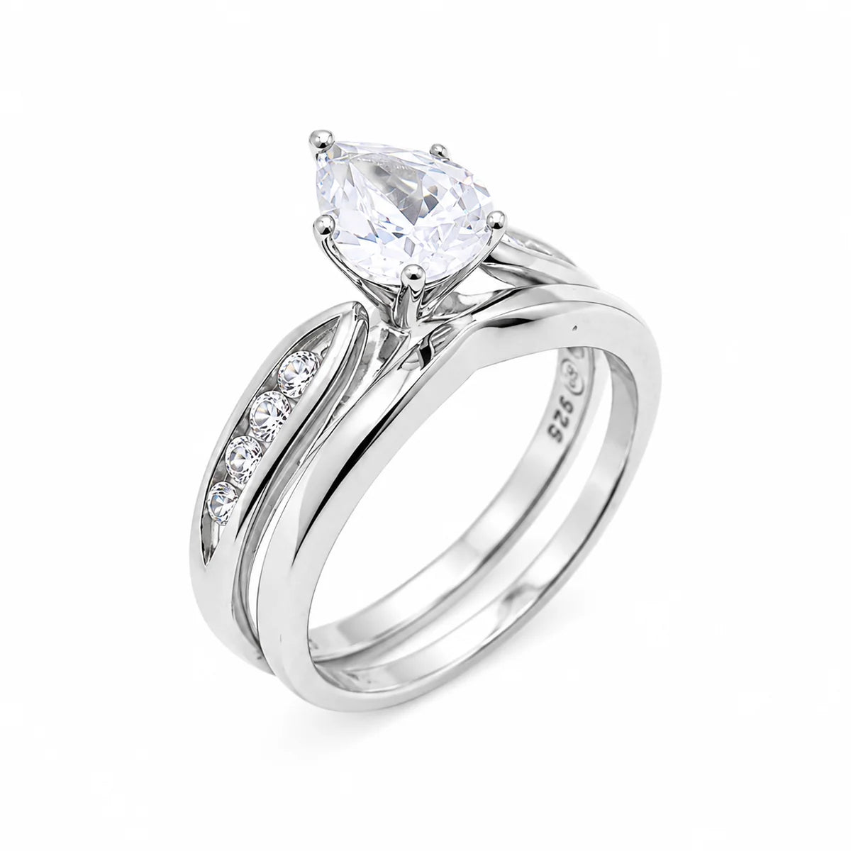 925 Silver Rhodium Plated Pear CZ Past Present Future Engagement Ring Set