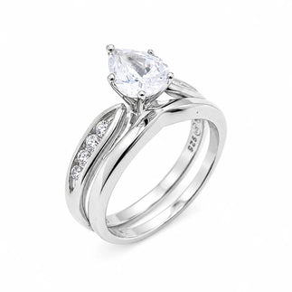 925 Silver Rhodium Plated Pear CZ Past Present Future Engagement Ring Set