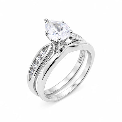 925 Silver Rhodium Plated Pear CZ Past Present Future Engagement Ring Set