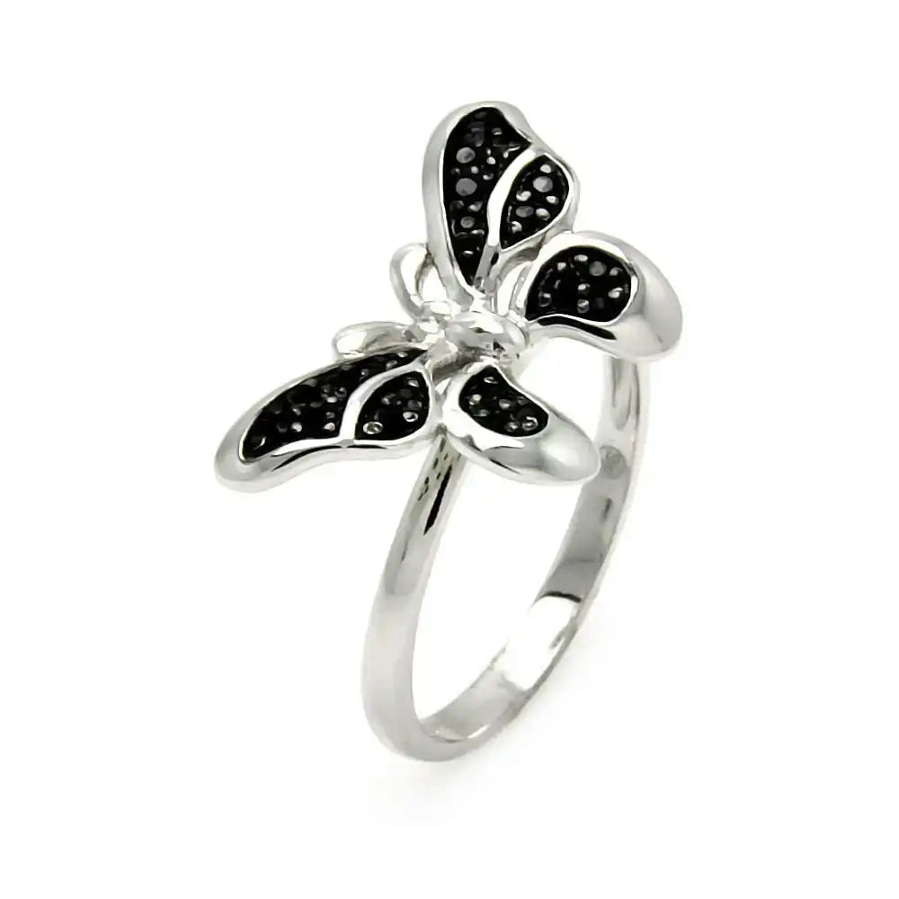925 Sterling Silver Clearance Nickel Free Rhodium Plated Butterfly Black CZ Ring