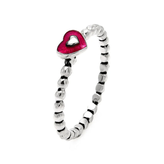 925 Sterling Silver Nickel Free Black and Rhodium Plated Pink Heart Beaded Band Ring