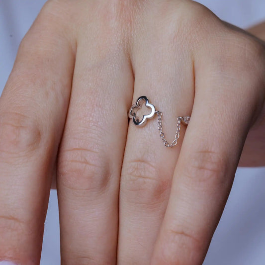 925 Sterling Silver Rhodium Plated Open Clover Wire Ring