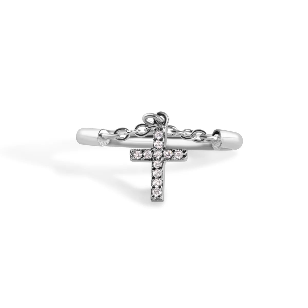 925 Sterling Silver Nickel Free Rhodium Plated Half Ring Chain Dangling Cross Clear CZ Ring