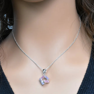 925 Silver Clearance-Rhodium Plated Pink & Lavender Baguette CZ Stud Earring and Necklace Set