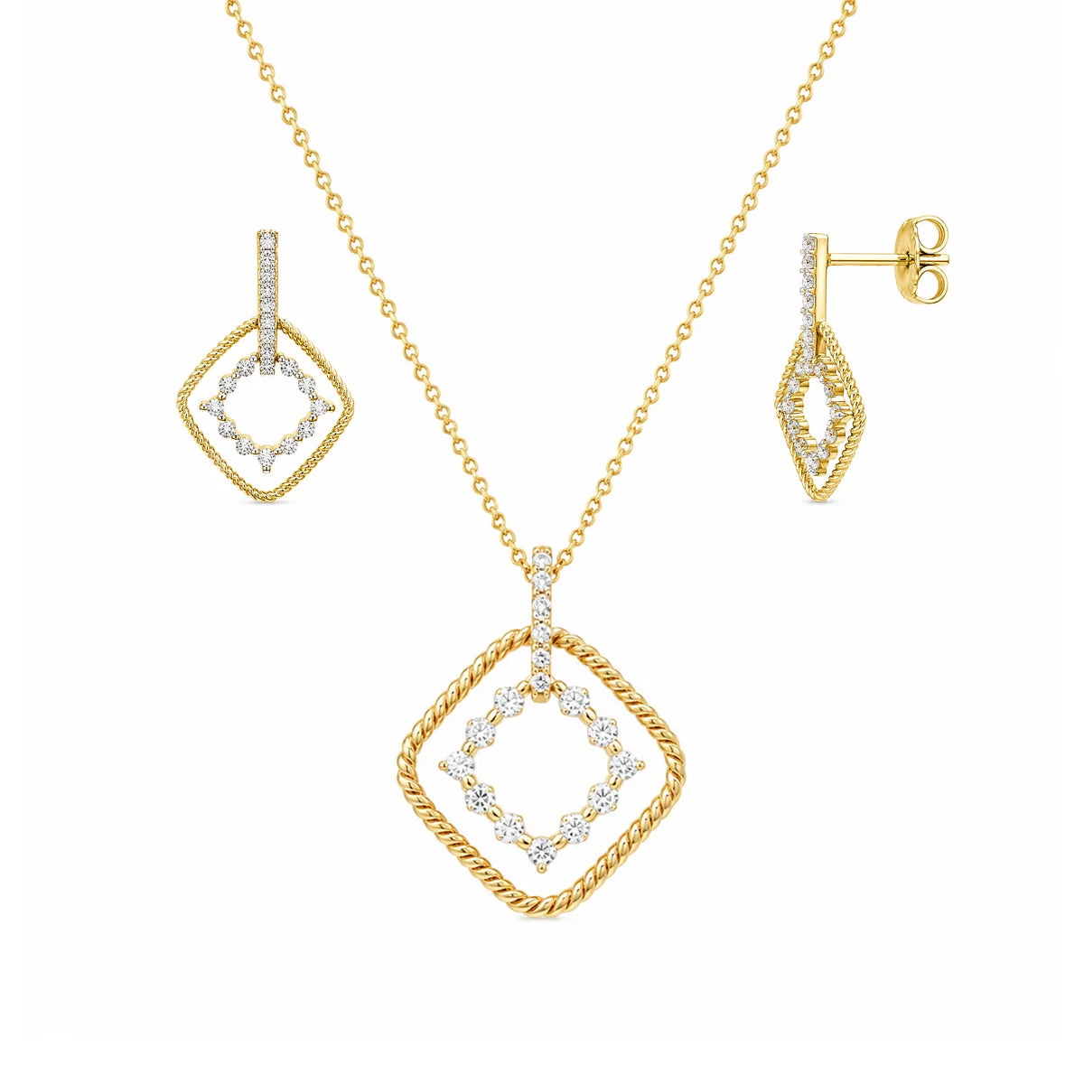 925 Sterling Silver Clearance-Gold Plated Diamond Shape Dangling CZ Sets
