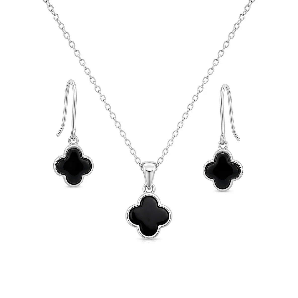 925 Silver Rhodium Plated Black Onyx Clover Flower Dangling Hook Earring and Necklace Set