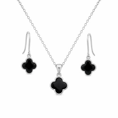 925 Silver Rhodium Plated Black Onyx Clover Flower Dangling Hook Earring and Necklace Set