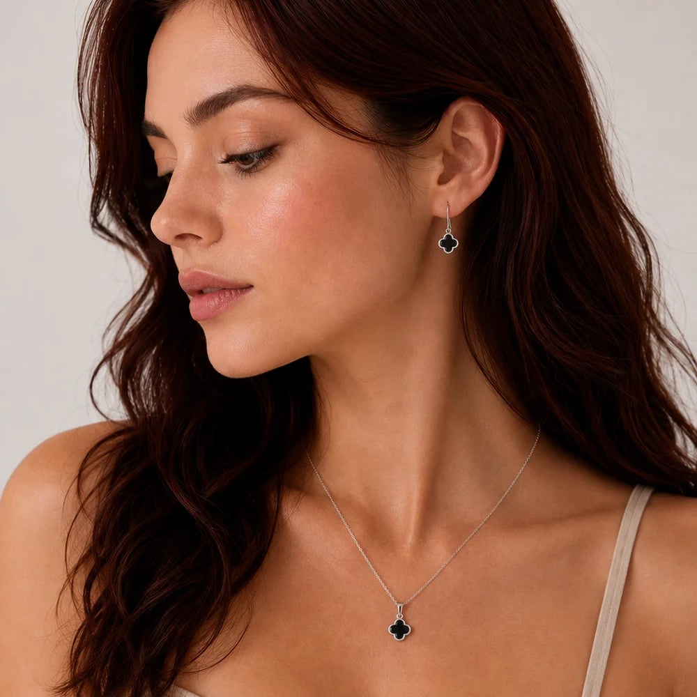 925 Silver Rhodium Plated Black Onyx Clover Flower Dangling Hook Earring and Necklace Set