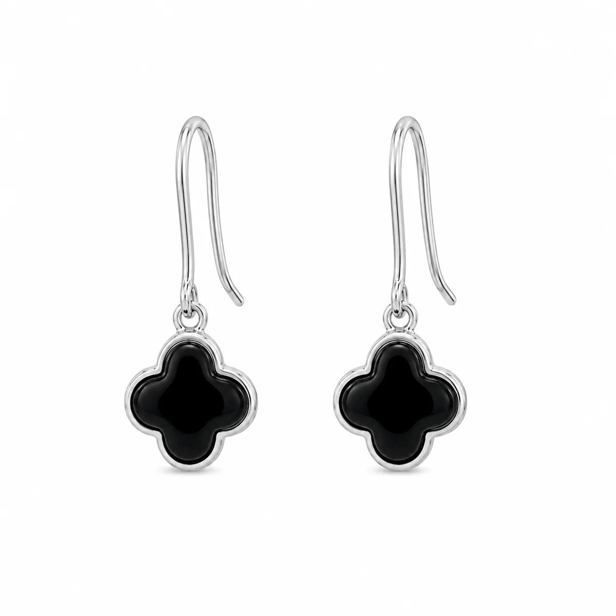 925 Silver Rhodium Plated Black Onyx Clover Flower Dangling Hook Earring and Necklace Set