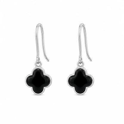 925 Silver Rhodium Plated Black Onyx Clover Flower Dangling Hook Earring and Necklace Set