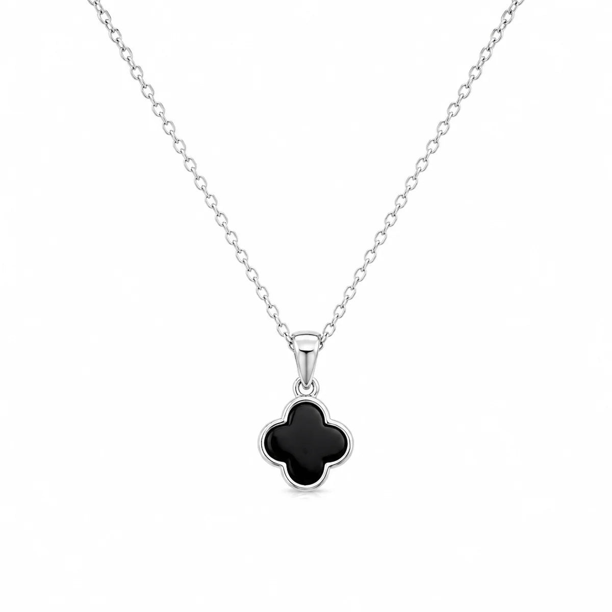 925 Silver Rhodium Plated Black Onyx Clover Flower Dangling Hook Earring and Necklace Set