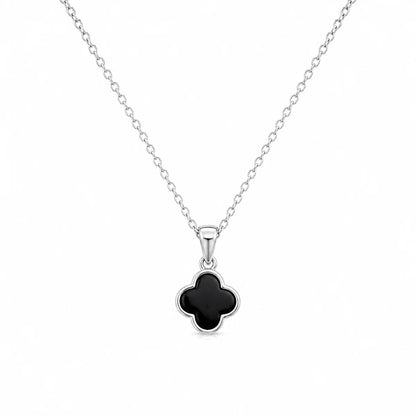 925 Silver Rhodium Plated Black Onyx Clover Flower Dangling Hook Earring and Necklace Set