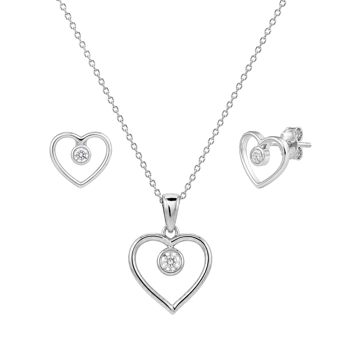 925 Silver Rhodium Plated Open Heart CZ Stud Earring and Necklace Set
