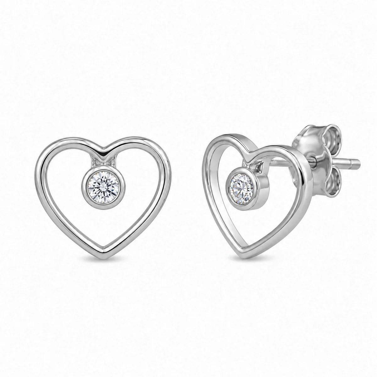 925 Silver Rhodium Plated Open Heart CZ Stud Earring and Necklace Set