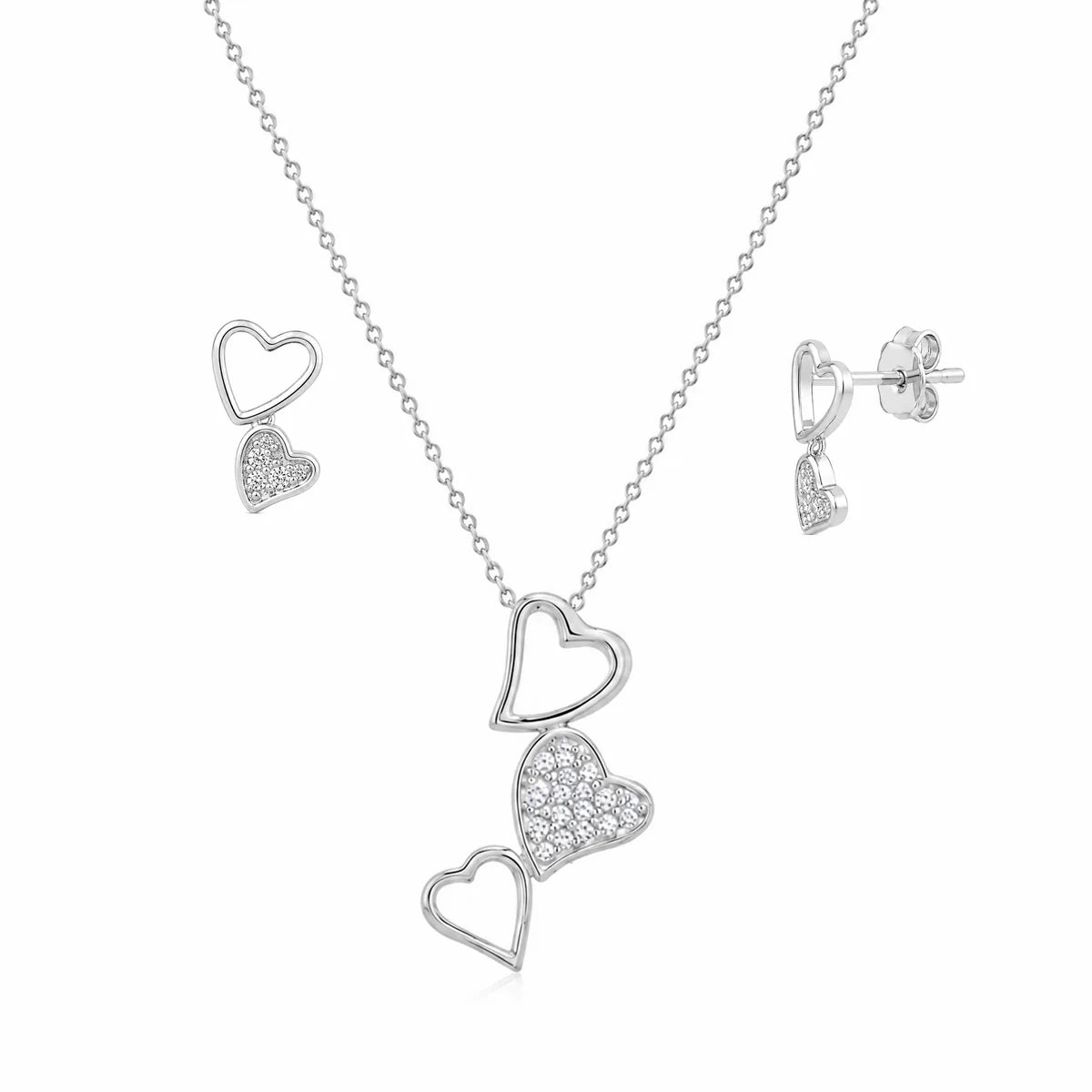 925 Silver Rhodium Plated Triple Stacked CZ Heart Dangling Stud Earring and Necklace Set