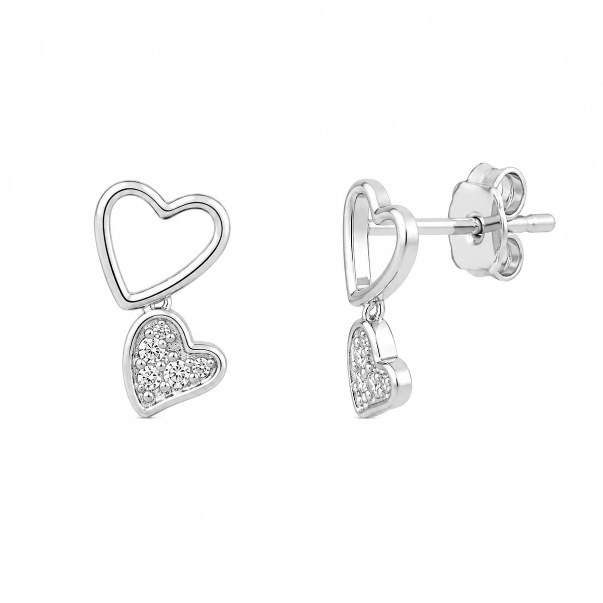 925 Silver Rhodium Plated Triple Stacked CZ Heart Dangling Stud Earring and Necklace Set