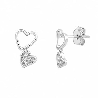 925 Silver Rhodium Plated Triple Stacked CZ Heart Dangling Stud Earring and Necklace Set