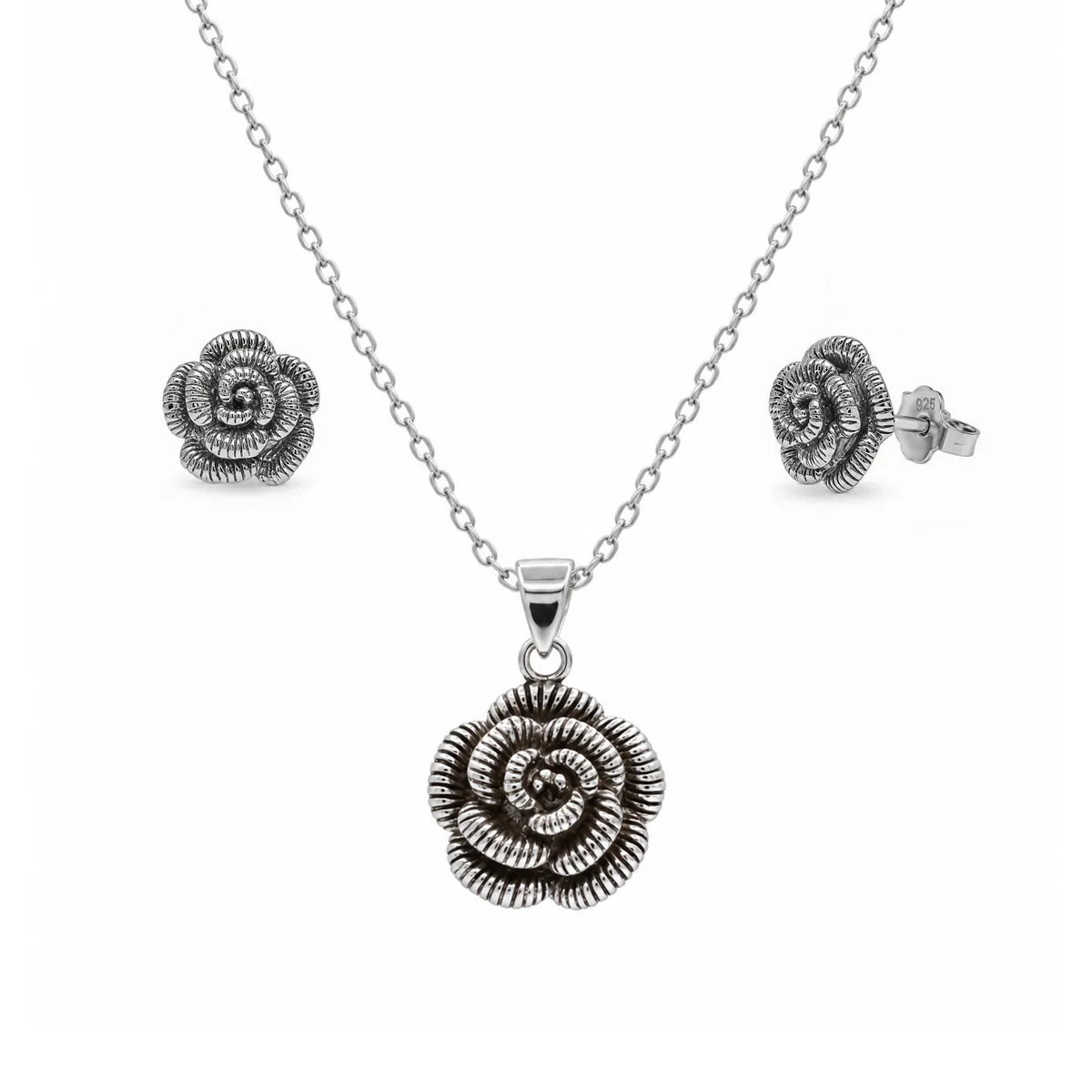 925 Sterling Silver Rhodium Plated Rosset Flower CZ Stud Earring and Necklace Set