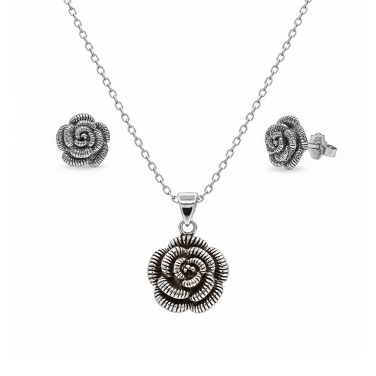 925 Sterling Silver Rhodium Plated Rosset Flower CZ Stud Earring and Necklace Set