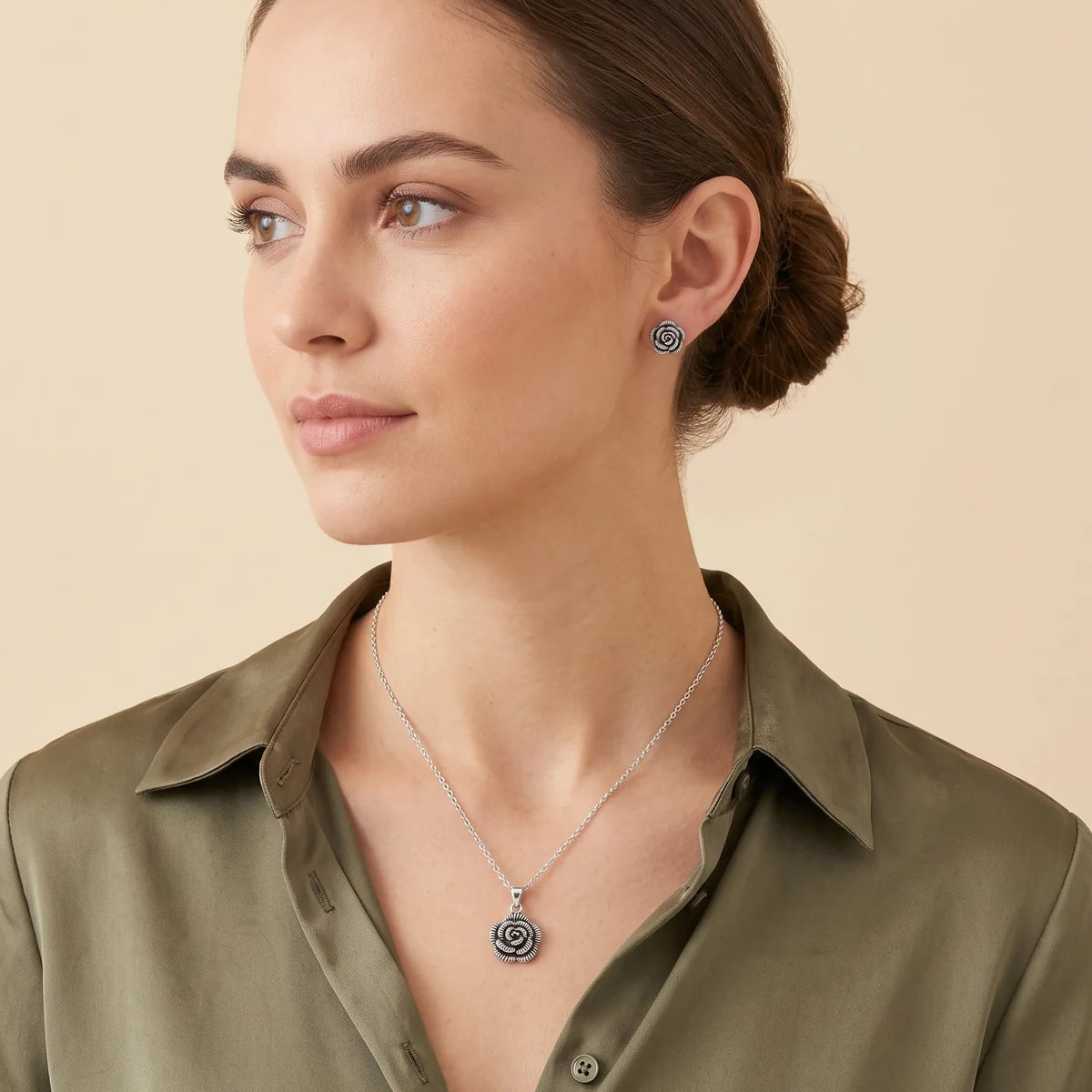 925 Sterling Silver Rhodium Plated Rosset Flower CZ Stud Earring and Necklace Set