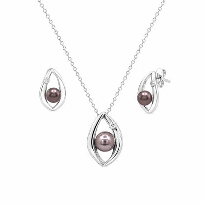 925 Sterling Silver Rhodium Plated Open Teardrop Center Black Pearl Stud Set